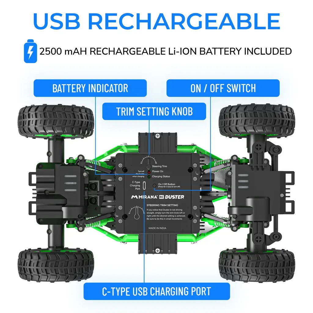 MIRANA DUSTER 4X4 ALL WHEEL DRIVE REMOTE CONTROL MONSTER TRUCK, SCALE 1:16, 105*POWERFUL BOOST, 2000 MAH INBUILT LI-ION BATTERY, LUMINOUS HEADLIGHTS (GREEN)