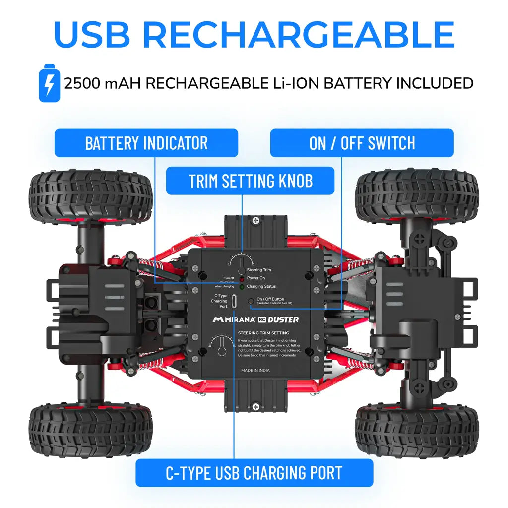 MIRANA DUSTER 4X4 ALL WHEEL DRIVE REMOTE CONTROL MONSTER TRUCK, SCALE 1:16, 105*POWERFUL BOOST, 2000 MAH INBUILT LI-ION BATTERY, LUMINOUS HEADLIGHTS (RED)