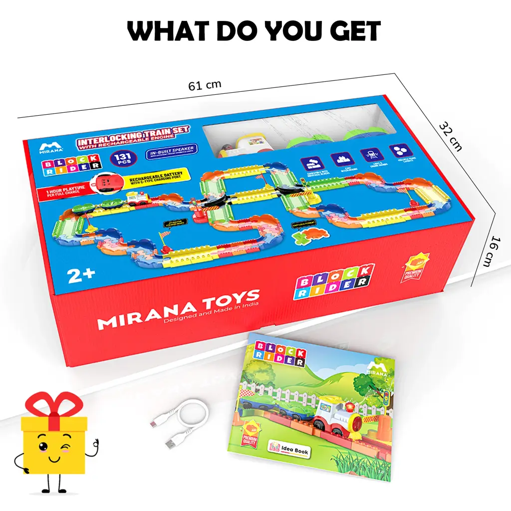 MIRANA  ADVANCE BLOCK RIDER TOY TRAIN SET WITH COLORFUL & MULTIPLE TRACK LAYOUT, VARIOUS SOUND MODES - VANDE BHARAT, RAJDHANI, DELHI METRO,(131 PCS)